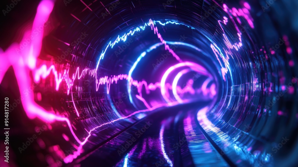 Poster futuristic 3d music background with soundwave patterns and light trails, advanced audio design