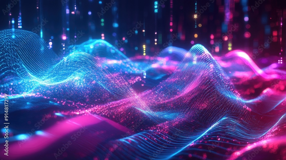 Poster futuristic 3d music background with soundwave patterns and light trails, advanced audio design