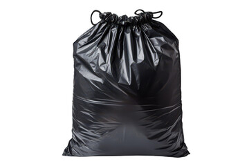 A black trash bag is sitting on a white background