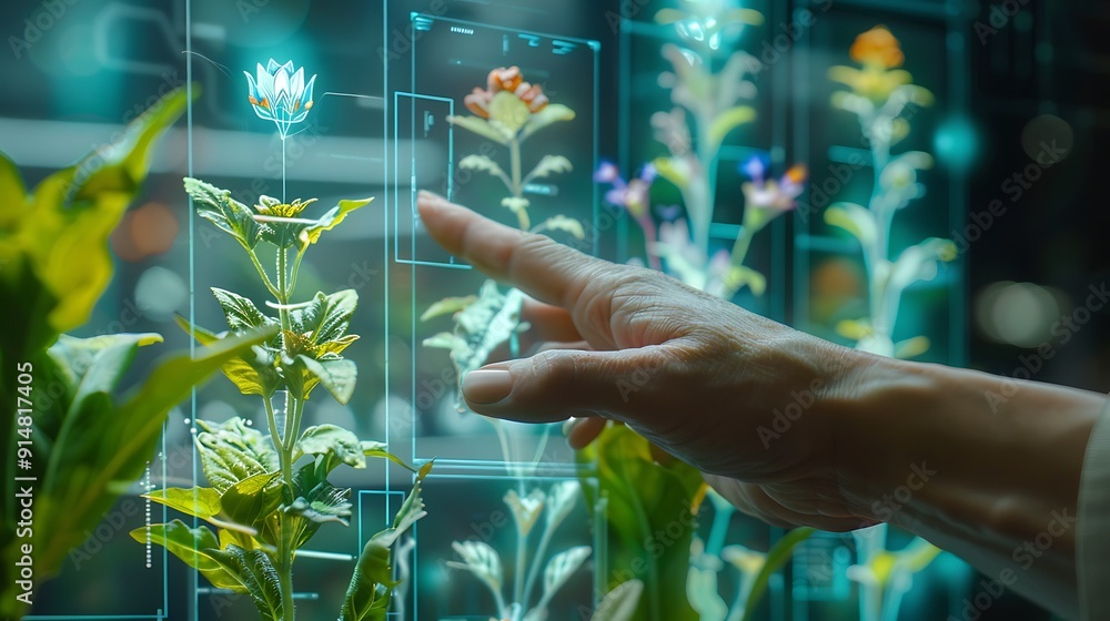 Poster close-up of a hand interacting with a digital interface displaying flowers
