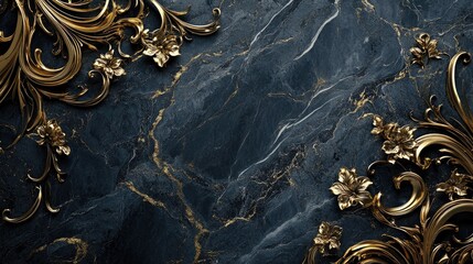 Grand 3D luxury background with dark marble and intricate gold patterns, high-end design