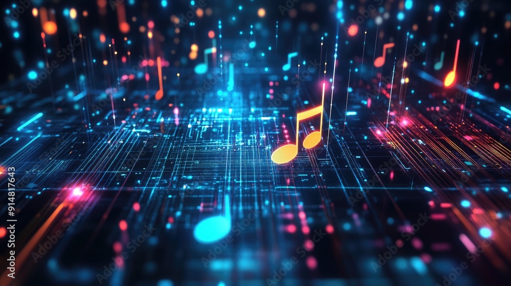 Aufkleber high-tech 3d background with holographic music symbols and data streams, futuristic sound design