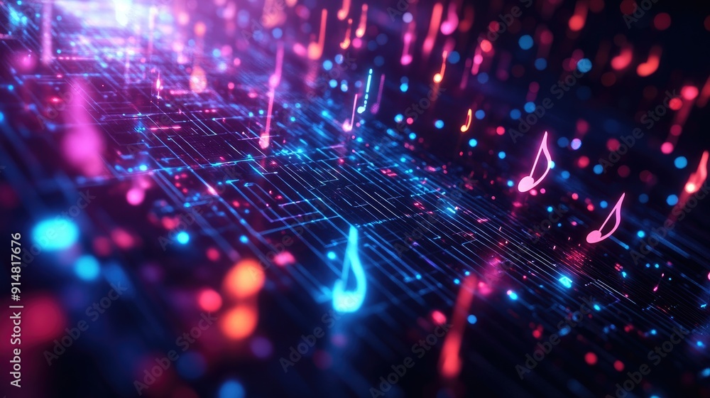 Aufkleber high-tech 3d background with holographic music symbols and data streams, futuristic sound design