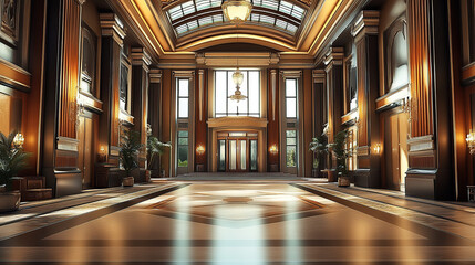 Obraz premium The interior of a luxury hotel lobby, a grand entrance hall with tall windows and arched doorways