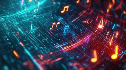 High-tech 3D background with holographic music symbols and data streams, futuristic sound design