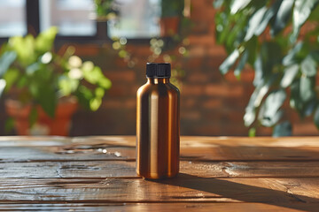 Copper Bottle on Wooden Table, Natural Light Photography