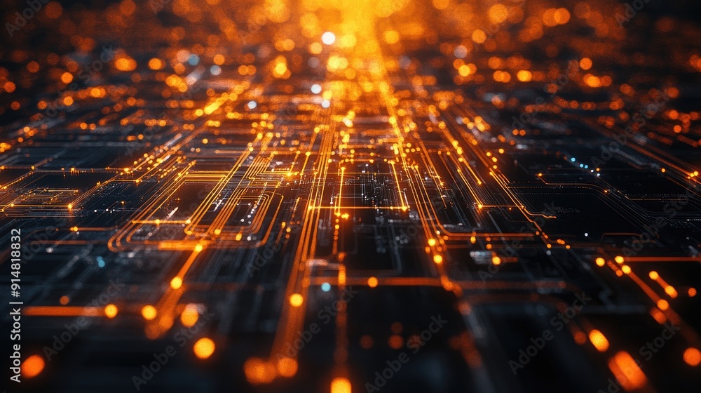 Poster modern 3d technology background with complex algorithms and light trails, futuristic design