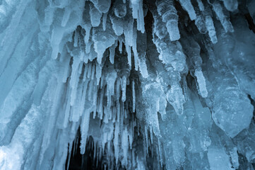 Beautiful of ice formation such as Ice spike and Icicle forming in a temperature below 0 °C in Ice cave, lake Baikal, Russia.