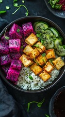 Vibrant Buddha Bowl with Grilled Tofu and Dragon Fruit: Healthy Lifestyle Concept. Aerial View of Nutritious Vegan Meal for Afternoon Tea or Happy Holiday Snack. AI-Generated 4K Wallpaper for Creative