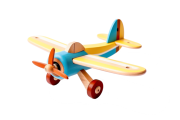 wooden toy airplane close up on white background