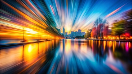 Cityscape Sunrise - Zoom Blur Photography - Abstract Cityscape, Urban Landscape, Light Streaks, Colorful Sky, Reflection, Water, Motion Blur