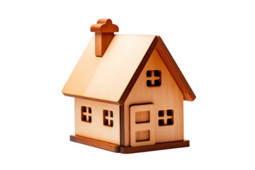  wooden toy house close up on white background