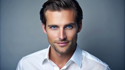 Obraz premium Close-up Portrait of a Man with Blue Eyes Wearing a White Shirt, Headshot Photography, Portrait Photography, Male Model