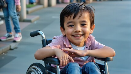 Niño con capacidades diferentes en silla de ruedas, como secuela de un problema neurológico. Su capacidad adaptativa hace que sea feliz y con buena calidad de vida. 