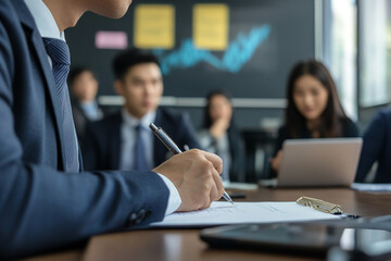 Japanese businessman taking notes during a meeting