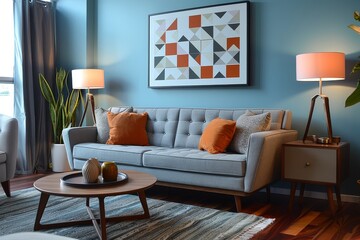 Mid-century modern living room with pastel blue walls, grey sofa, geometric art, and soft lighting, featuring a coffee table with cushions and a small round sideboard, creating an elegant yet cozy