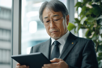 Fototapeta premium Japanese professional looking at a tablet in the office