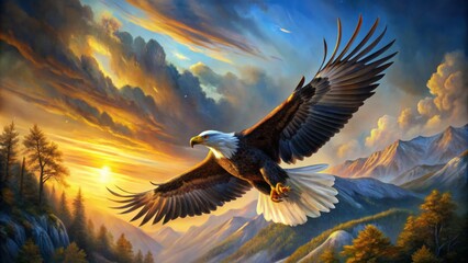 Fototapeta premium Eagle's Soaring Flight Above Majestic Mountains Digital Painting with Vibrant Sunset Sky - Freedom, Wilderness, Nature, Bird, Landscape, Art, Digital Painting