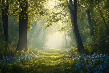 Obraz premium Sunbeams Illuminating a Path in a Misty Forest