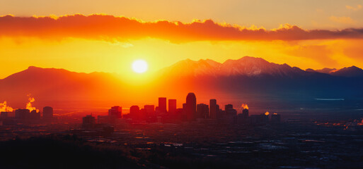 Fototapeta premium Stunning Sunset Over Urban Skyline and Mountain Range in the Late Evening Light