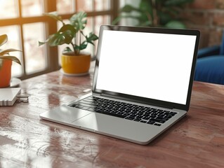 Open Laptop With Blank Screen on Wooden Desk by Window