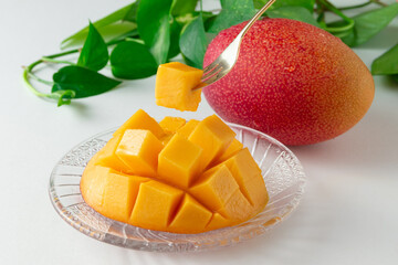 花形にカットした国産のマンゴー　持ち上げ Domestic mango cut into flower shape Lifting