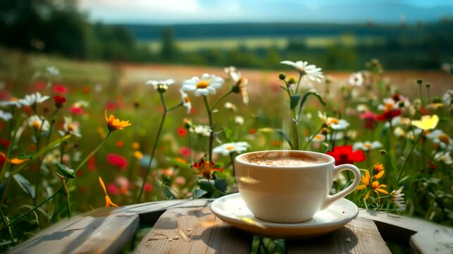 Latte on the table with a background of wildflowers field, creating a peaceful atmosphere. Looping 4k video animation background