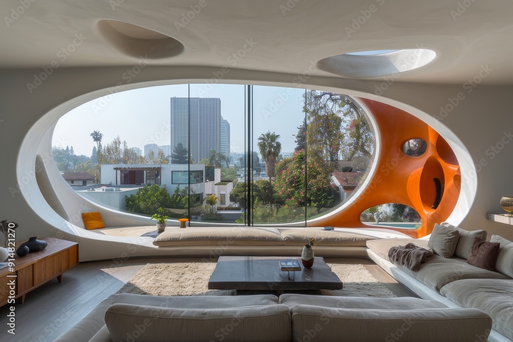 Poster luxurious pod home with expansive urban views and a futuristic design integrating high tech elements
