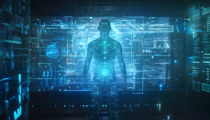 A futuristic digital rendering of a human figure in a digital network.