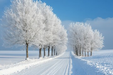 Fototapeta premium A snowy road with trees in the background