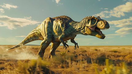 3D Illustration of a Running Carnotaurus Dinosaur in a Grassland
