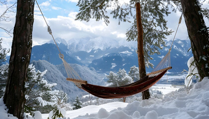 Relaxing hammock nestled in snowy pines with panoramic mountain vista.