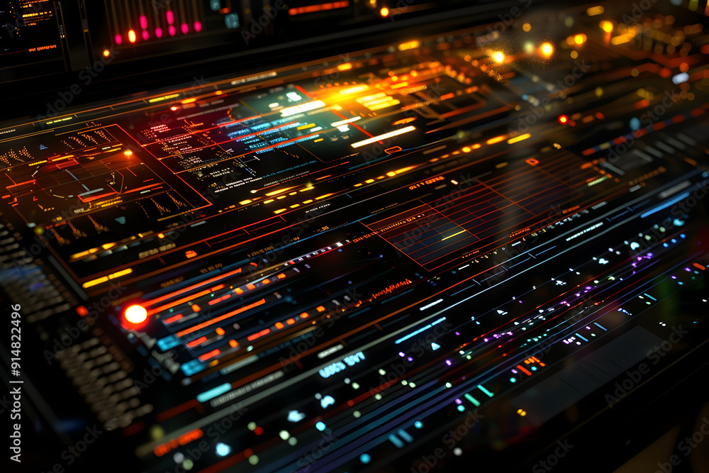 Poster futuristic digital interface with glowing lines and data.