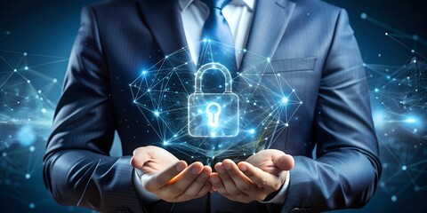 Cyber security and data protection. Businessman holding padlock protecting business data with virtual network connection