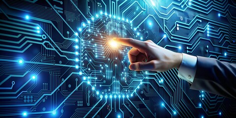 Artificial intelligence and Big data concept, Abstract Hand of human touching AI and machine learning on circuit board and binary data digital background