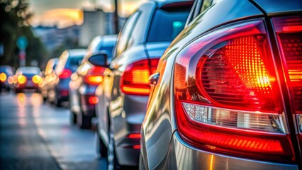 Fototapeta premium Tail Light Glow A Close-Up Perspective of a Car's Rear End in a Traffic Jam, Capturing the Urban Atmosphere, Tail Lights, and Sunset Hues