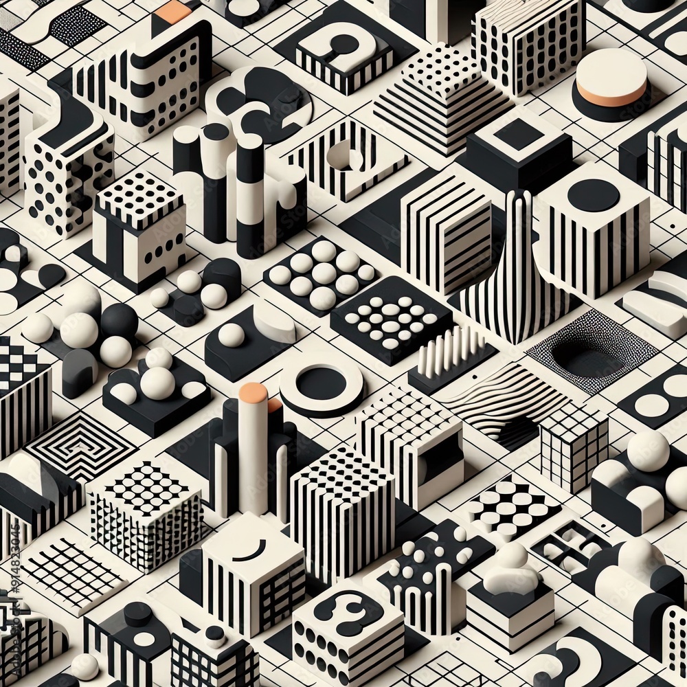 Fototapete brutalist geometric shapes, modern symbols. groovy checkered pattern, distorted tiled grid. simple e