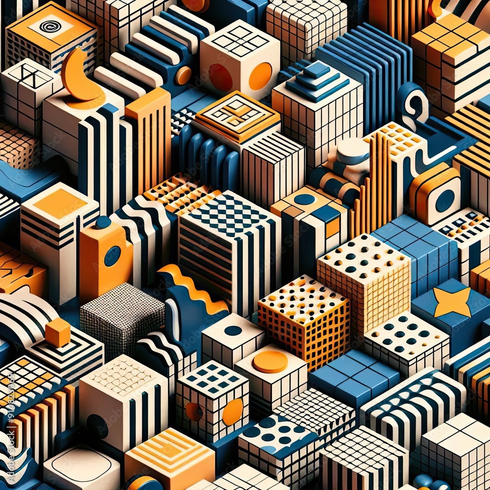 Fototapete brutalist geometric shapes, modern symbols. groovy checkered pattern, distorted tiled grid. simple e