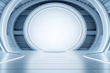 Fototapeta premium Futuristic white circular room with a glowing platform.