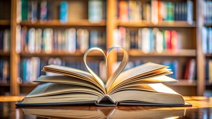 Fototapeta premium Book with open page of literature in heart shape and stack piles of textbooks on reading desk in library