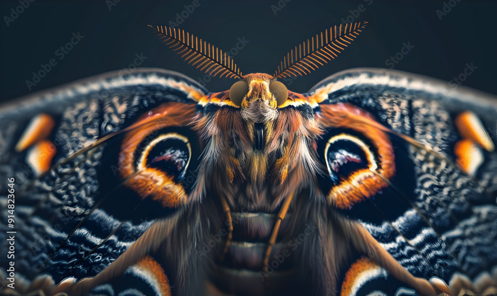 Poster a detailed, close-up view of a moth's wings with intricate patterns and textures.