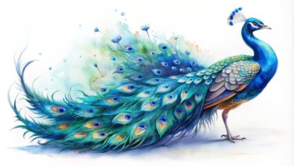 Watercolor Peacock with Blue and Green Feathers, Detailed Illustration, Bird of Paradise, Exotic, Nature, Wildlife, Art