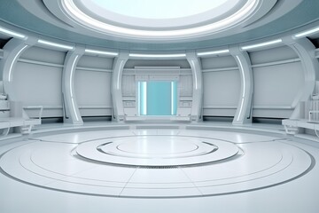 Obraz premium Futuristic white circular room with glowing blue portal.
