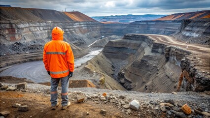 Worker in Orange Jacket Gazes at Open Pit Mine, Iceland, Layered Rock, Industrial Landscape, Mining, Geology, Landscape Photography