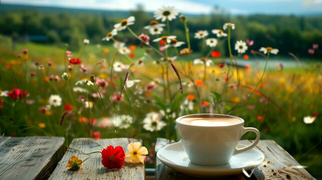 Latte on the table with a background of wildflowers field, creating a peaceful atmosphere. Looping 4k video animation background