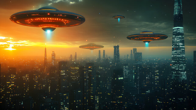 invasi&oacute;n alien&iacute;gena al cielo de una ciudad moderna