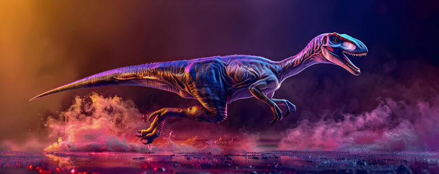 3D Illustration of a Running Dinosaur with Purple and Orange Smoke