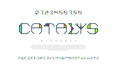 Catalys creative modern geometric urban alphabet font. Digital abstract futuristic, game, techno, robot, music, logo, sport, minimal technology typography. Simple numeric vector illustration