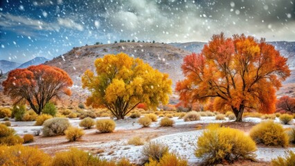 Snow falling on vibrant trees in the desert landscape, snowfall, desert, vibrant trees, winter, scenic, unique, contrast