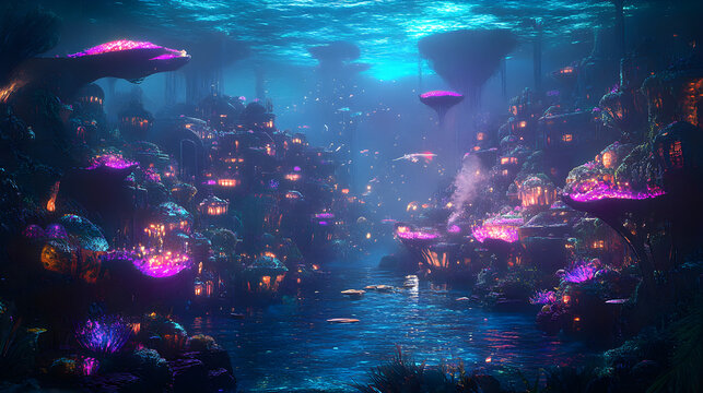 Ciudad submarina iluminada por vida marina bioluminiscente